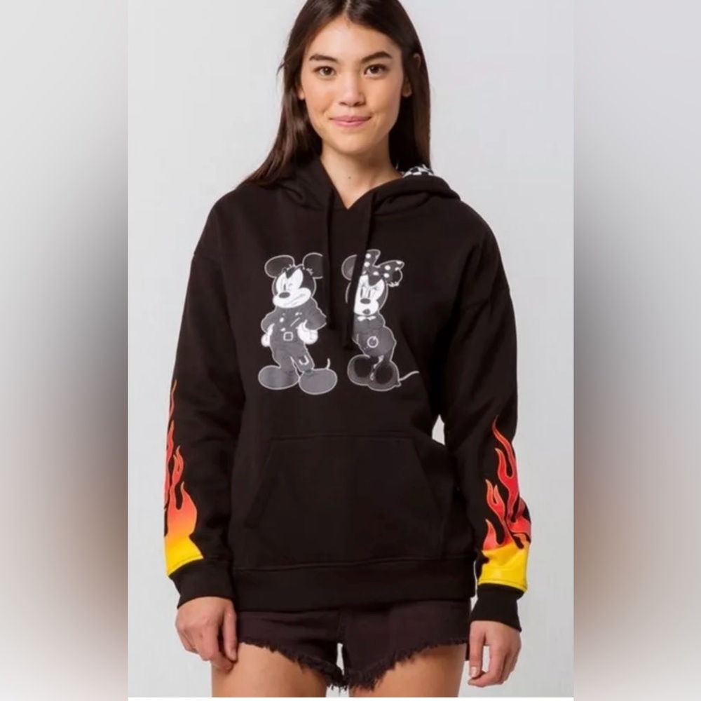 Disney x Vans Hoodie XS Mickey Minnie Flame Sleeve Black Sweatshirt Skater 90s